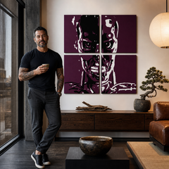 Ročno poslikana slika POP Art TERMINATOR 4 kosi ter – slika v sodobnem moškem interjerju, lifestyle vizualizacija. Prevladujoče barve: črna, bela, vijolična.
