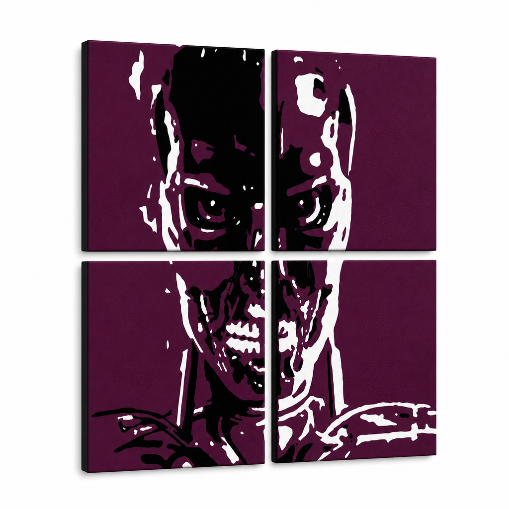 Ročno poslikana slika POP Art TERMINATOR 4 kosi ter – 3D vizualizacija ročno poslikanega platna na belem ozadju. Prevladujoče barve: črna, bela, vijolična.