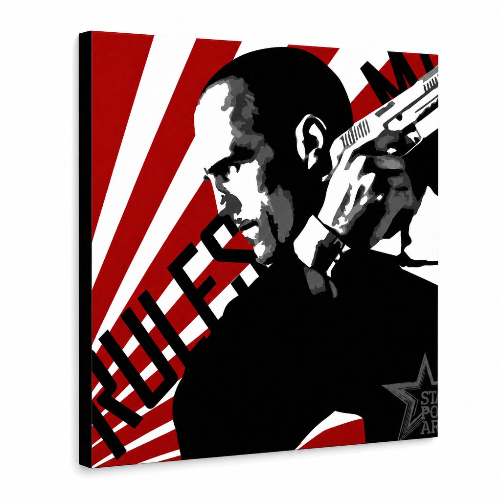 Ročno poslikana slika POP Art THE TRANSPORTER - Courier 1 del kur2 – 3D vizualizacija ročno poslikanega platna na belem ozadju. Prevladujoče barve: rdeča, črna, bela.