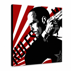 Ročno poslikana slika POP Art THE TRANSPORTER - Courier 1 del kur2 – 3D vizualizacija ročno poslikanega platna na belem ozadju. Prevladujoče barve: rdeča, črna, bela.