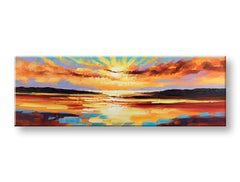 Papilora ročno poslikana slika ZAHOD SONCA, 150x50 cm, prikazana v 3D perspektivi na platnu. Živahni odtenki oranžne, rdeče in vijolične barve ustvarjajo toplo vzdušje.