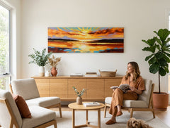 Velika ročno poslikana slika ZAHOD SONCA, dimenzij 150x50 cm, ki krasi moderno dnevno sobo. Topli barvni prehodi sončnega zahoda dodajo prostoru eleganco in mir.
