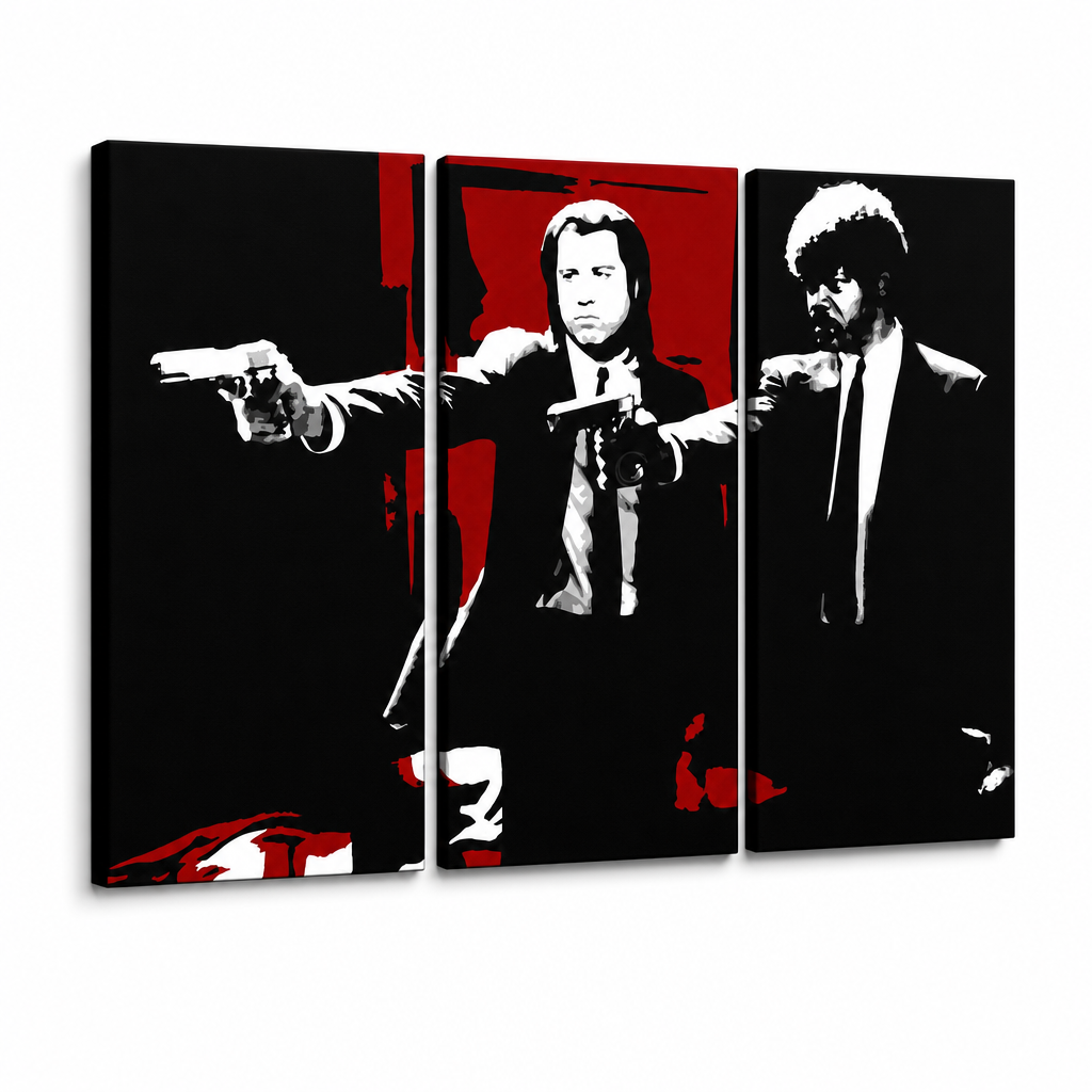 Ročno poslikana umetniška slika POP Art Pulp Fiction 3 kosi pulp5 – 3D vizualizacija ročno poslikanega platna na belem ozadju. Prevladujoče barve: črna, rdeča, bela.