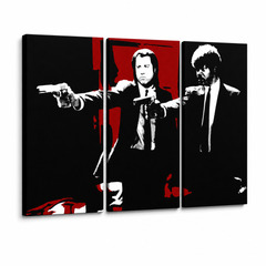 Ročno poslikana umetniška slika POP Art Pulp Fiction 3 kosi pulp5 – 3D vizualizacija ročno poslikanega platna na belem ozadju. Prevladujoče barve: črna, rdeča, bela.