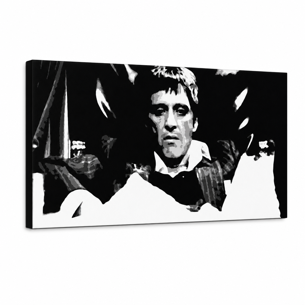 Ročno poslikana umetniška slika POP Art Scarface 1 del smk – 3D vizualizacija ročno poslikanega platna na belem ozadju. Prevladujoče barve: črna, bela, siva.