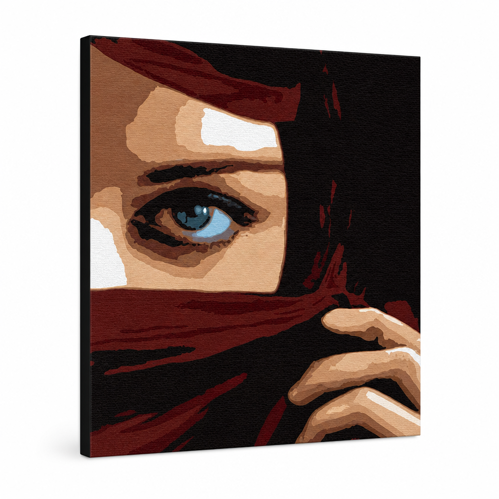 Ročno poslikana slika na platnu z motivom žensko oko in rdeča tančica – 3D prikaz platna z vidnim lesenim okvirjem, Papilora.