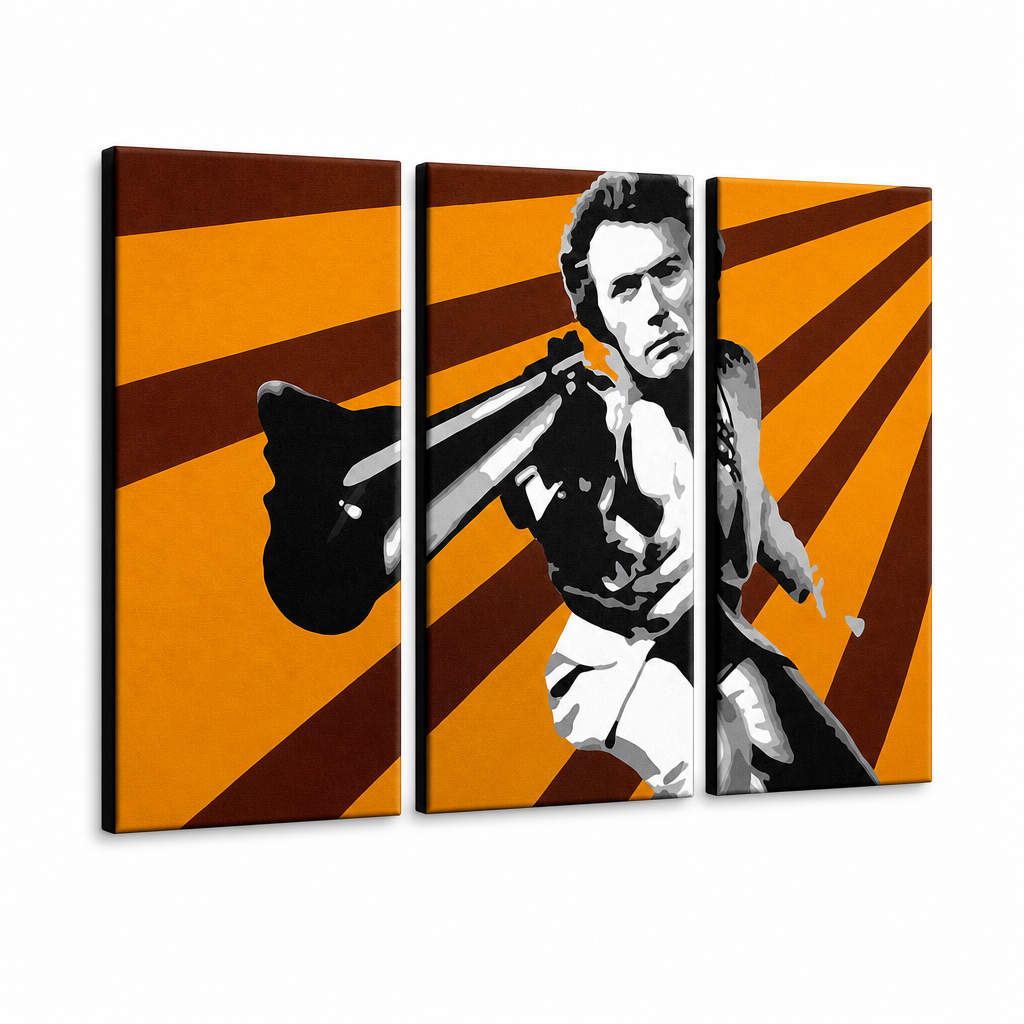 Ročno poslikana slika na platnu z motivom clint eastwood s puško, oranžno-rjava – 3D prikaz platna z vidnim lesenim okvirjem, Papilora.