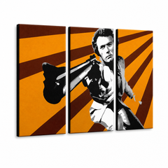 Ročno poslikana slika na platnu z motivom clint eastwood s puško, oranžno-rjava – 3D prikaz platna z vidnim lesenim okvirjem, Papilora.