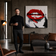 Ročno poslikano POP Art slikarstvo RED LIPS 1 kos mund – slika v sodobnem moškem interjerju, lifestyle vizualizacija. Prevladujoče barve: rdeča, črna, bela.