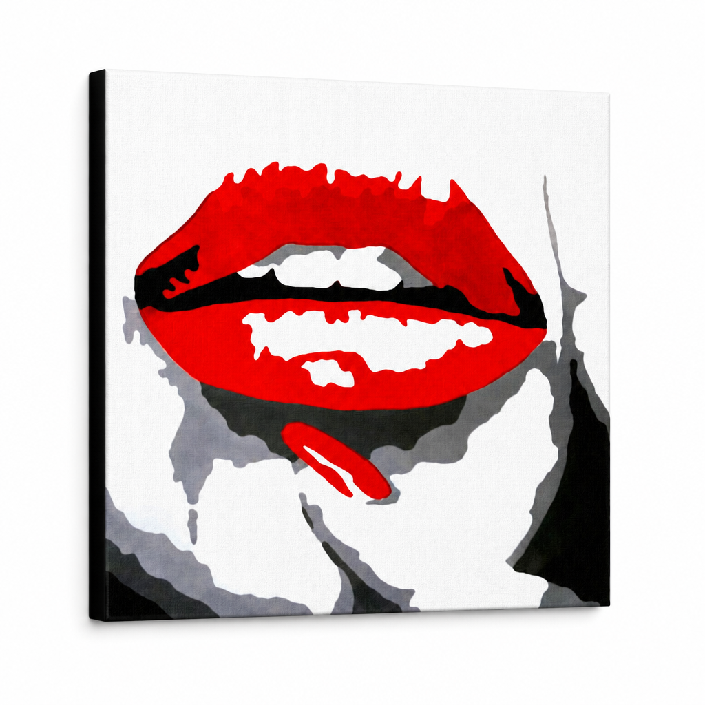 Ročno poslikano POP Art slikarstvo RED LIPS 1 kos mund – 3D vizualizacija ročno poslikanega platna na belem ozadju. Prevladujoče barve: rdeča, črna, bela.