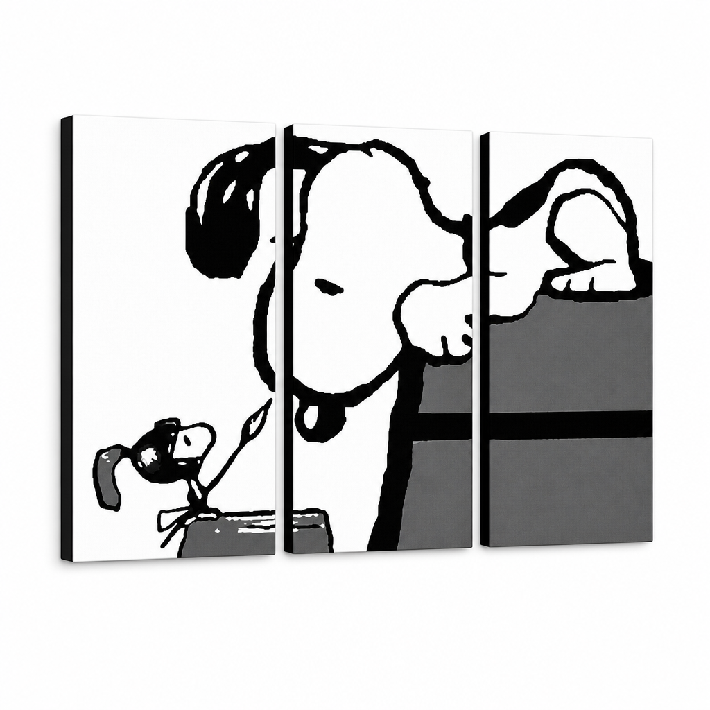 Ročno poslikana slika na platnu z motivom Snoopy in Woodstock, črno-belo – 3D prikaz platna z vidnim lesenim okvirjem, Papilora.