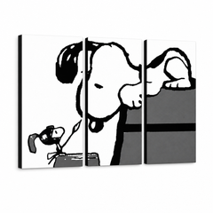 Ročno poslikana slika na platnu z motivom Snoopy in Woodstock, črno-belo – 3D prikaz platna z vidnim lesenim okvirjem, Papilora.