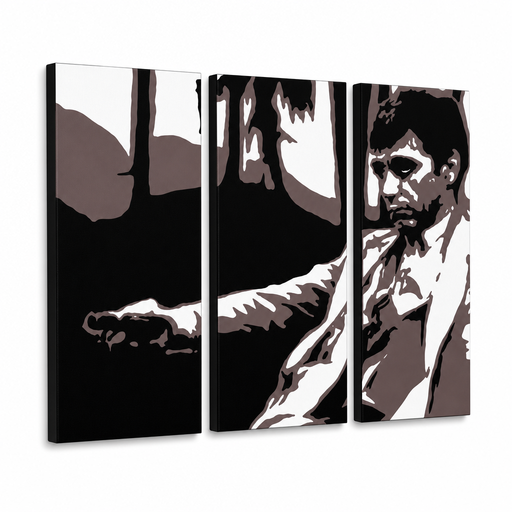 Ročno poslikano slikarstvo POP Art AL PACINO 3 kos al24 – 3D vizualizacija ročno poslikanega platna na belem ozadju. Prevladujoče barve: črna, rjava, bela, siva.