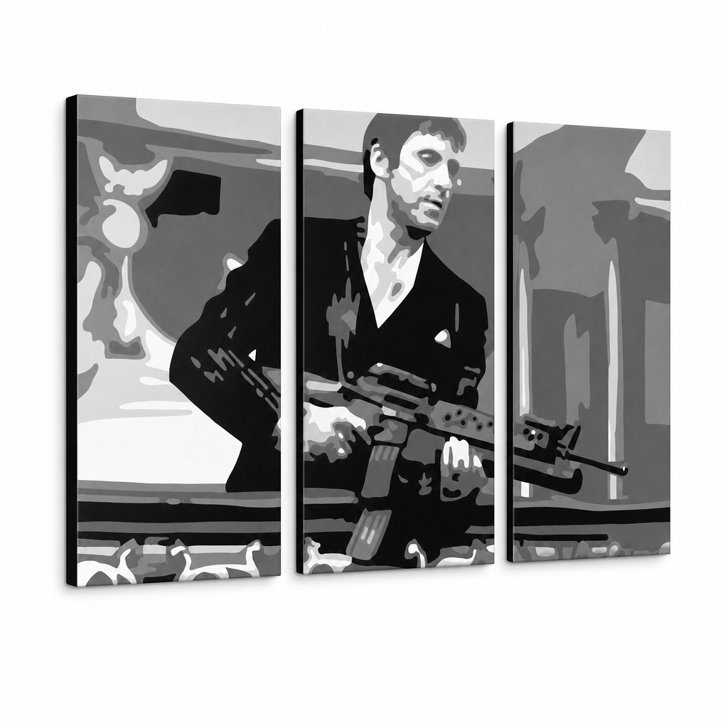 Ročno poslikano slikarstvo POP Art AL PACINO 3 kos al2 – 3D vizualizacija ročno poslikanega platna na belem ozadju. Prevladujoče barve: črna, siva, bela.