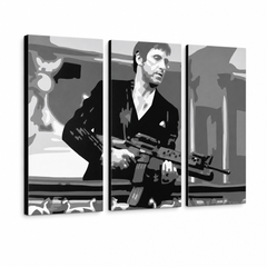 Ročno poslikano slikarstvo POP Art AL PACINO 3 kos al2 – 3D vizualizacija ročno poslikanega platna na belem ozadju. Prevladujoče barve: črna, siva, bela.