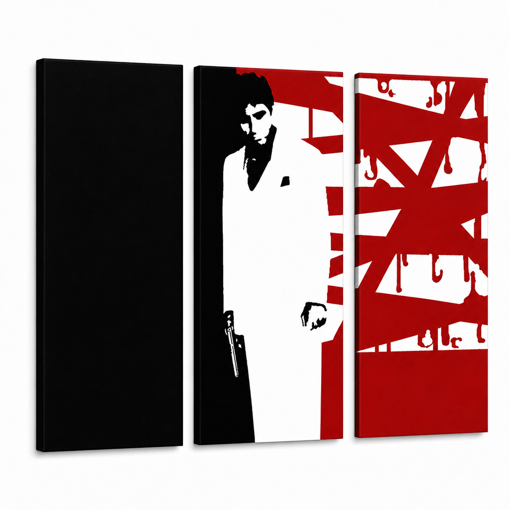 Ročno poslikano slikarstvo POP Art AL PACINO 3 kos al33 – 3D vizualizacija ročno poslikanega platna na belem ozadju. Prevladujoče barve: črna, bela, rdeča.