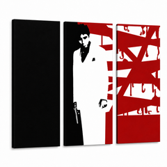 Ročno poslikano slikarstvo POP Art AL PACINO 3 kos al33 – 3D vizualizacija ročno poslikanega platna na belem ozadju. Prevladujoče barve: črna, bela, rdeča.