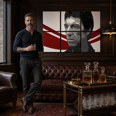 Ročno poslikano slikarstvo POP Art AL PACINO 6 delov al6 – slika v sodobnem moškem interjerju, lifestyle vizualizacija. Prevladujoče barve: črna, rdeča, bela.