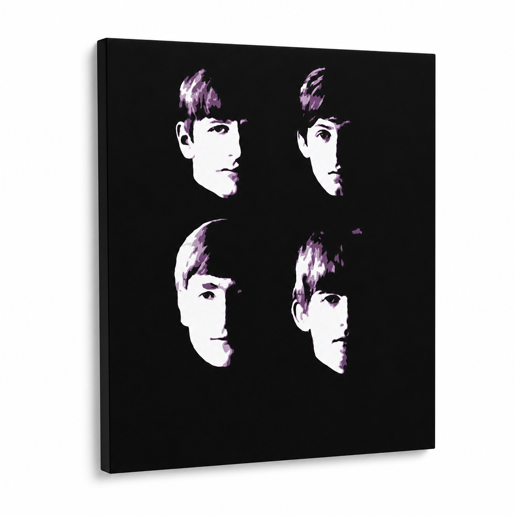 Ročno poslikano slikarstvo POP Art BEATLES 1 kos beat10 – 3D vizualizacija ročno poslikanega platna na belem ozadju. Prevladujoče barve: črna, bela, vijolična.