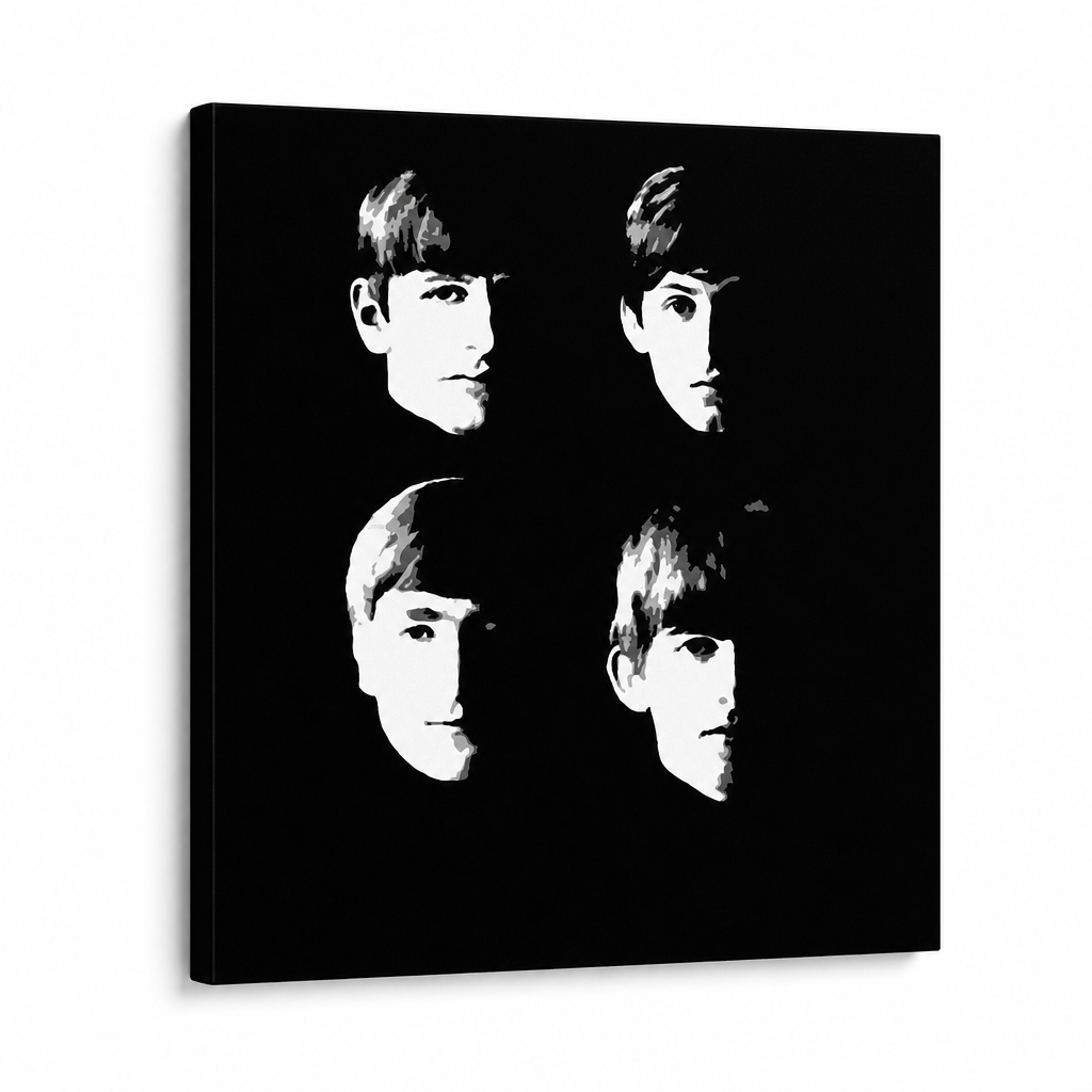 Ročno poslikano slikarstvo POP Art BEATLES 1 kos beat8 – 3D vizualizacija ročno poslikanega platna na belem ozadju. Prevladujoče barve: črna, bela.