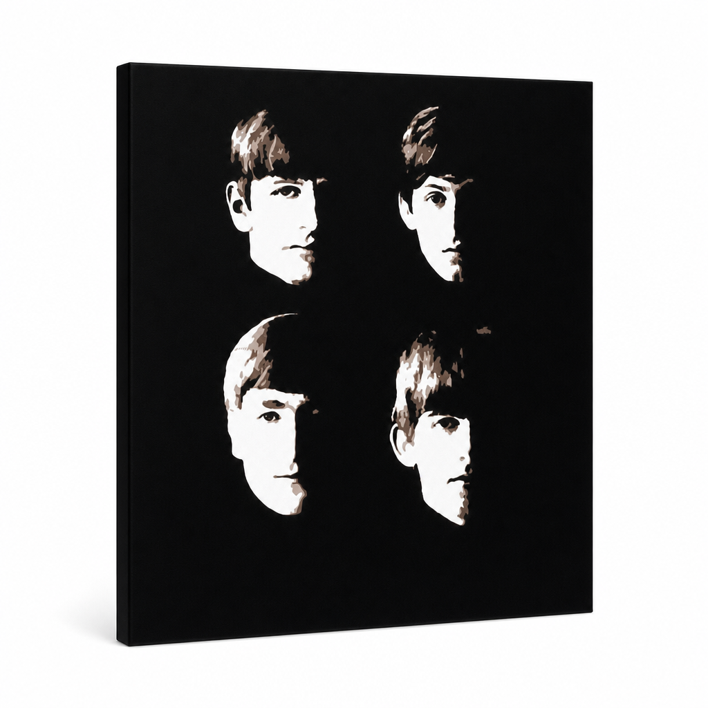 Ročno poslikano slikarstvo POP Art BEATLES 1 kos beat9 – 3D vizualizacija ročno poslikanega platna na belem ozadju. Prevladujoče barve: črna, bež, rjava.