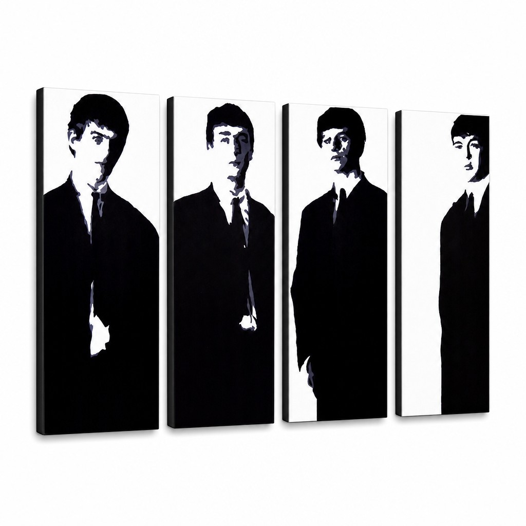 Ročno poslikano slikarstvo POP Art Beatles 4 kosi bea3 – 3D vizualizacija ročno poslikanega platna na belem ozadju. Prevladujoče barve: črna, bela, siva.