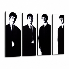 Ročno poslikano slikarstvo POP Art Beatles 4 kosi bea3 – 3D vizualizacija ročno poslikanega platna na belem ozadju. Prevladujoče barve: črna, bela, siva.