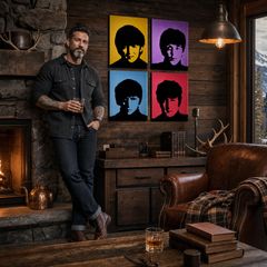 Ročno poslikana slika na platnu z motivom pop art portreti The Beatles obešena v sodobnem stilskem interjerju nad leseno konzolo z vazo in svečo, Papilora.