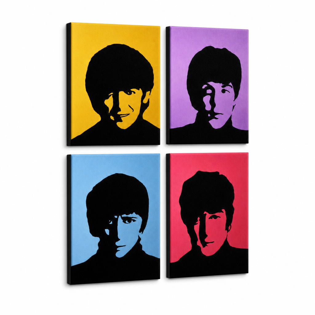 Ročno poslikana slika na platnu z motivom pop art portreti The Beatles – 3D prikaz platna z vidnim lesenim okvirjem, Papilora.