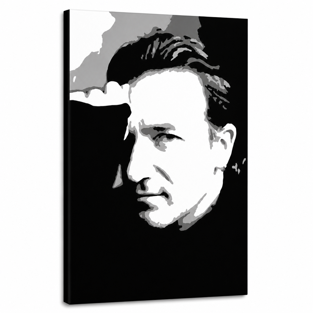 Ročno poslikano slikarstvo POP Art Bono-U2 1 kos bono – 3D vizualizacija ročno poslikanega platna na belem ozadju. Prevladujoče barve: črna, bela, siva.
