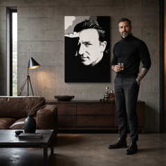 Ročno poslikano slikarstvo POP Art Bono-U2 1 kos bono – slika v sodobnem moškem interjerju, lifestyle vizualizacija. Prevladujoče barve: črna, bela, siva.