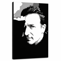 Ročno poslikano slikarstvo POP Art Bono-U2 1 kos bono – 3D vizualizacija ročno poslikanega platna na belem ozadju. Prevladujoče barve: črna, bela, siva.