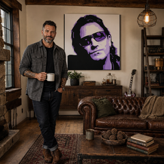 Ročno poslikano slikarstvo POP Art Bono-U2 1 kos bono3 – slika v sodobnem moškem interjerju, lifestyle vizualizacija. Prevladujoče barve: črna, vijolična, bela.