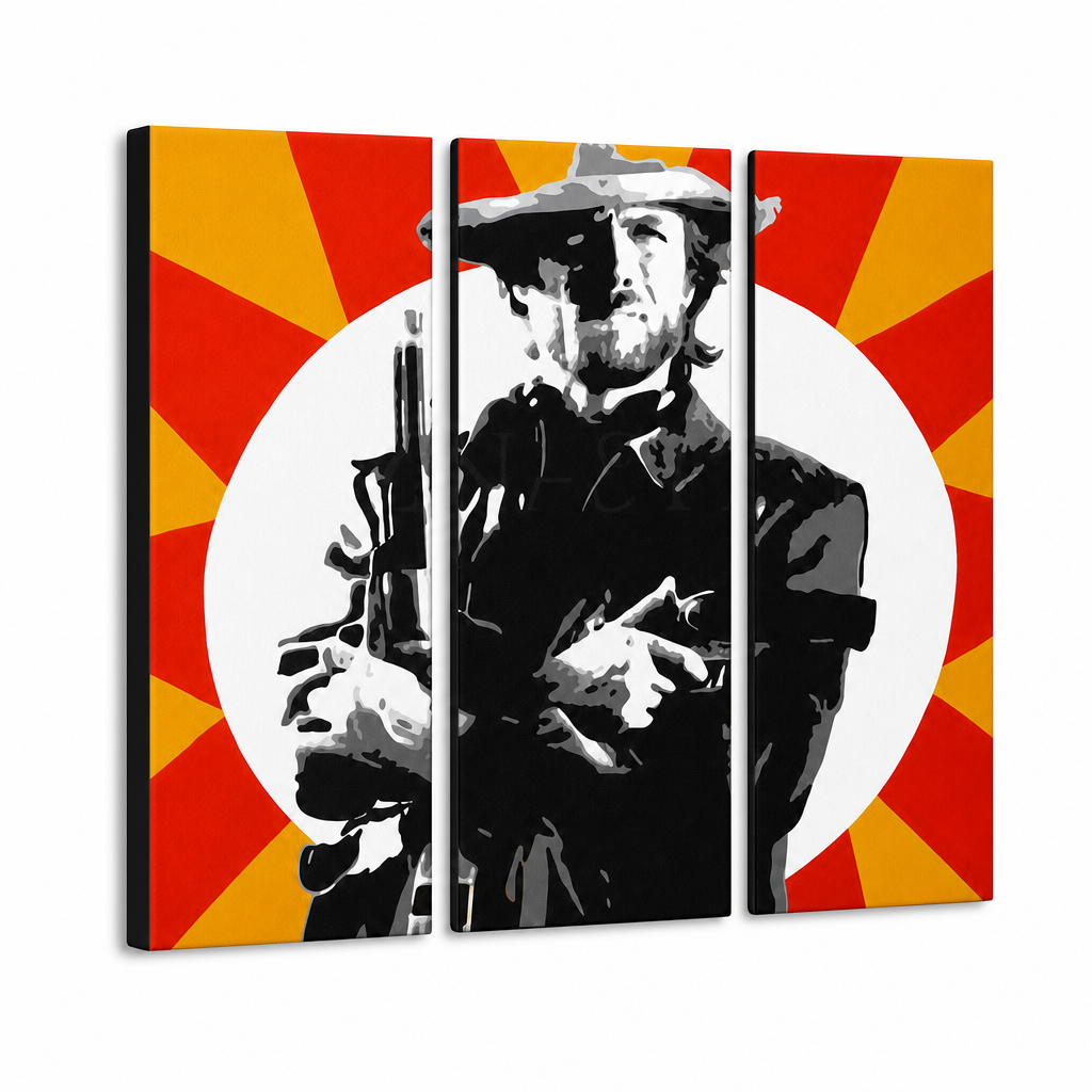 Ročno poslikano slikarstvo POP Art Clint Eastwood 3 kosi ce2 – 3D vizualizacija ročno poslikanega platna na belem ozadju. Prevladujoče barve: črna, rumena, rdeča, bela.