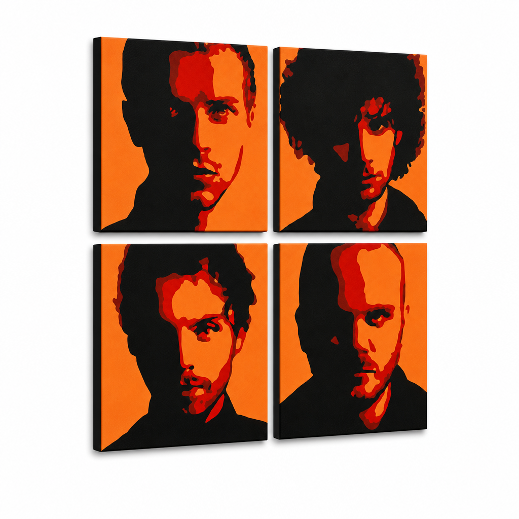 Ročno poslikano slikarstvo POP Art Coldplay 4 kosi cp2 – 3D vizualizacija ročno poslikanega platna na belem ozadju. Prevladujoče barve: črna, oranžna, rdeča.