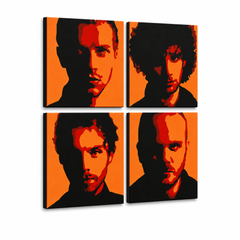 Ročno poslikano slikarstvo POP Art Coldplay 4 kosi cp2 – 3D vizualizacija ročno poslikanega platna na belem ozadju. Prevladujoče barve: črna, oranžna, rdeča.
