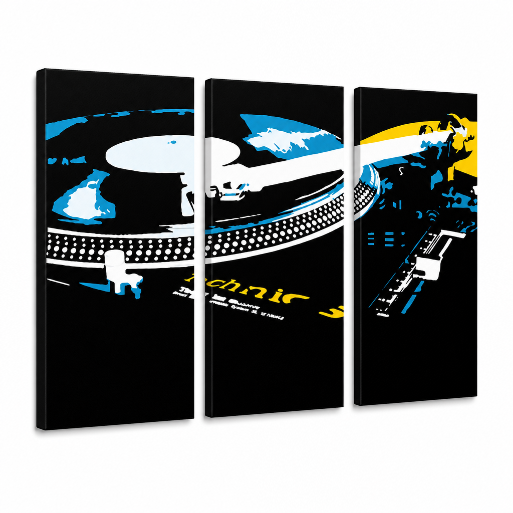 Ročno poslikano slikarstvo POP Art DJ 3 kosi dj3 – 3D vizualizacija ročno poslikanega platna na belem ozadju. Prevladujoče barve: črna, modra, rumena, bela.
