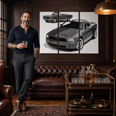 Ročno poslikano slikarstvo POP Art FORD MUSTANG 3 kosi fm2 – slika v sodobnem moškem interjerju, lifestyle vizualizacija. Prevladujoče barve: črna, bela, siva.