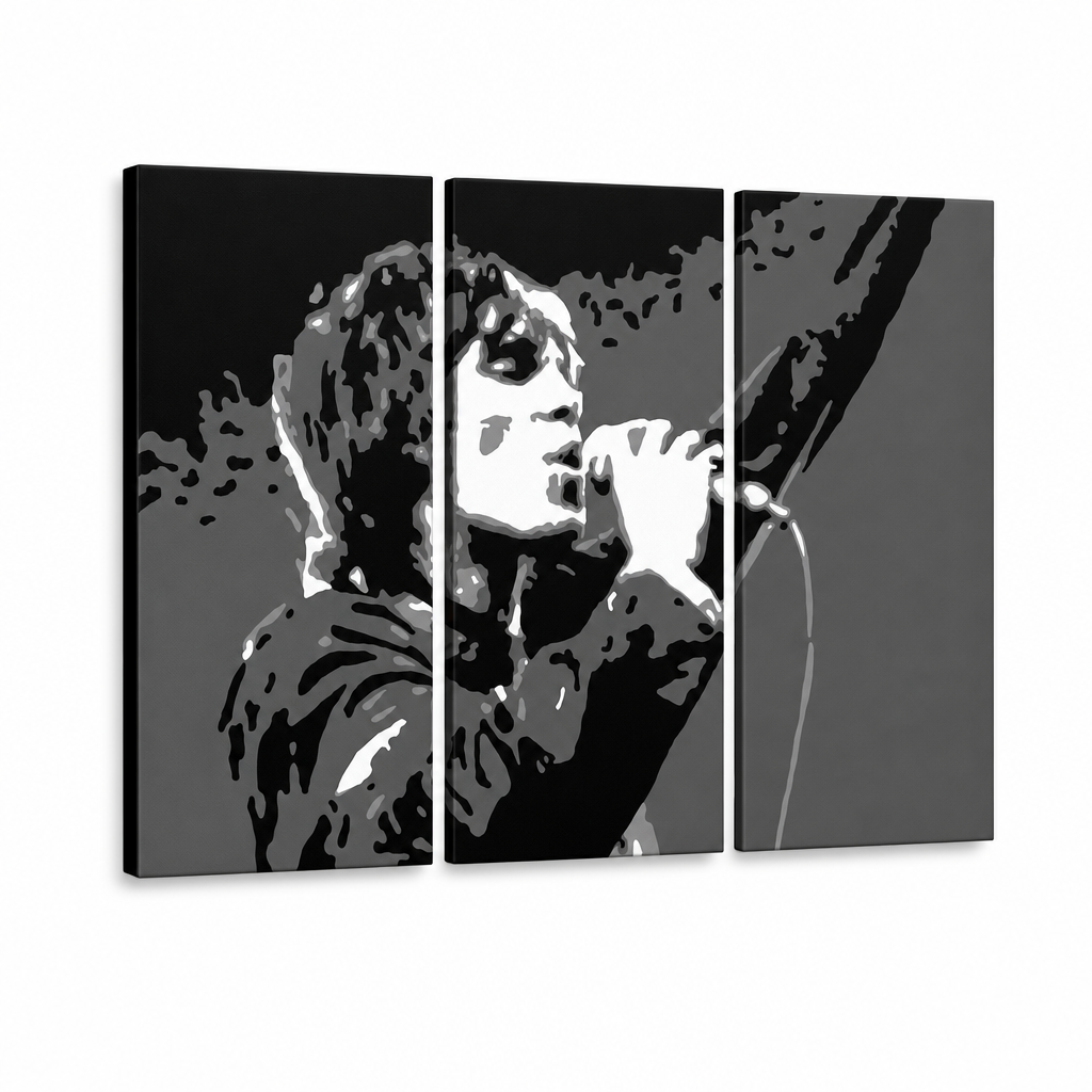 Ročno poslikano slikarstvo POP Art Ian Brown 3 kos ib2 – 3D vizualizacija ročno poslikanega platna na belem ozadju. Prevladujoče barve: črna, bela, siva.