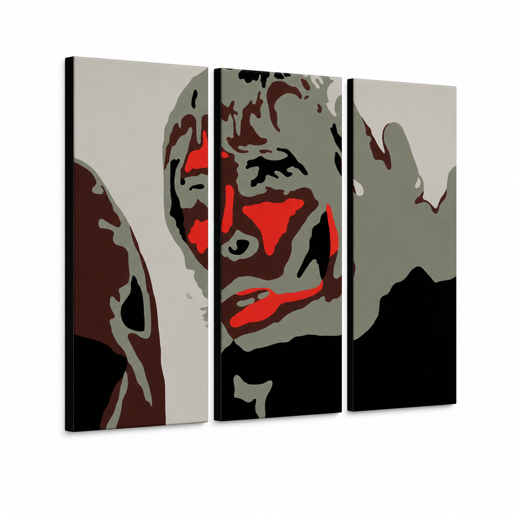 Ročno poslikano slikarstvo POP Art Ian Brown 3 kosi – 3D vizualizacija ročno poslikanega platna na belem ozadju. Prevladujoče barve: črna, rdeča, siva, rjava, bela.