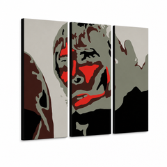 Ročno poslikano slikarstvo POP Art Ian Brown 3 kosi – 3D vizualizacija ročno poslikanega platna na belem ozadju. Prevladujoče barve: črna, rdeča, siva, rjava, bela.