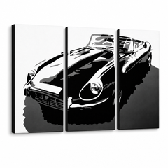 Ročno poslikano slikarstvo POP Art JAGUAR 3 kosi – 3D vizualizacija ročno poslikanega platna na belem ozadju. Prevladujoče barve: črna, bela, siva.