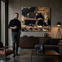 Ročno poslikano slikarstvo POP Art JEEP 1 kos jeep – slika v sodobnem moškem interjerju, lifestyle vizualizacija. Prevladujoče barve: rjava, črna, bež, zlata.