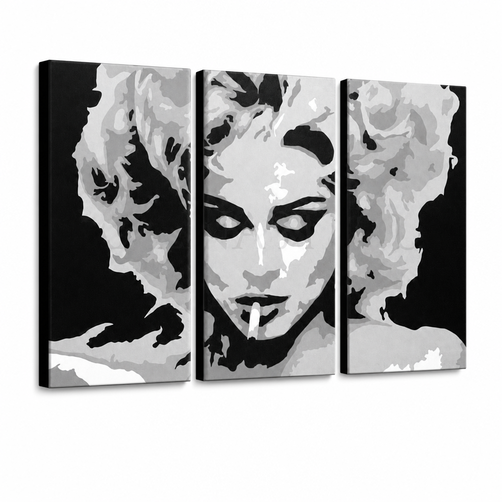 Ročno poslikano slikarstvo POP Art MADONNA 3 kosi ma2 – 3D vizualizacija ročno poslikanega platna na belem ozadju. Prevladujoče barve: črna, siva, bela.