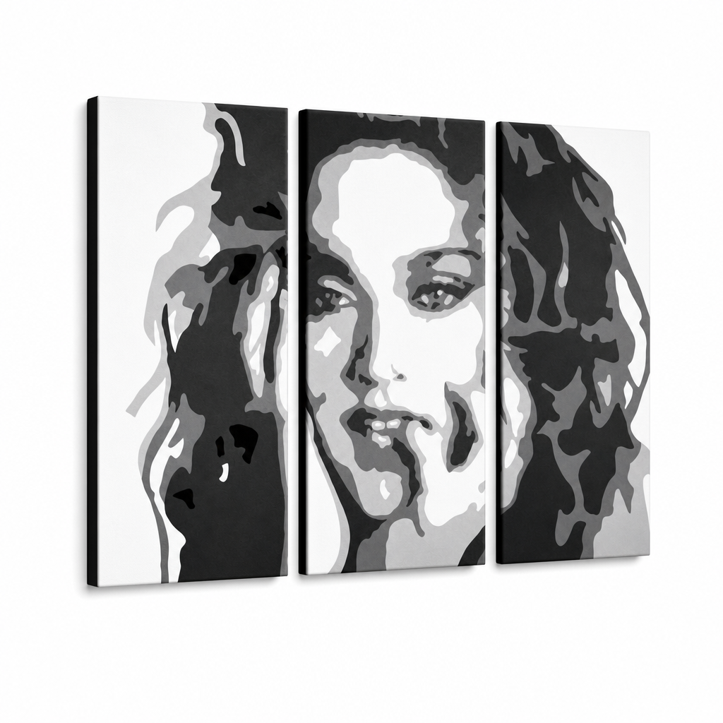 Ročno poslikano slikarstvo POP Art MADONNA 3 kosi ma3 – 3D vizualizacija ročno poslikanega platna na belem ozadju. Prevladujoče barve: črna, bela, siva.