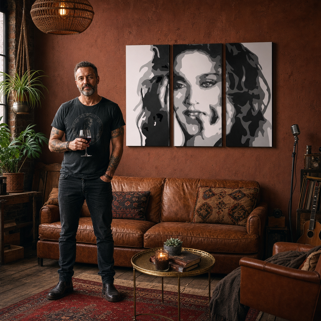 Ročno poslikano slikarstvo POP Art MADONNA 3 kosi ma3 – slika v sodobnem moškem interjerju, lifestyle vizualizacija. Prevladujoče barve: črna, bela, siva.