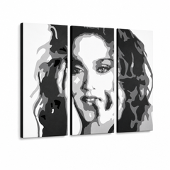 Ročno poslikano slikarstvo POP Art MADONNA 3 kosi ma3 – 3D vizualizacija ročno poslikanega platna na belem ozadju. Prevladujoče barve: črna, bela, siva.