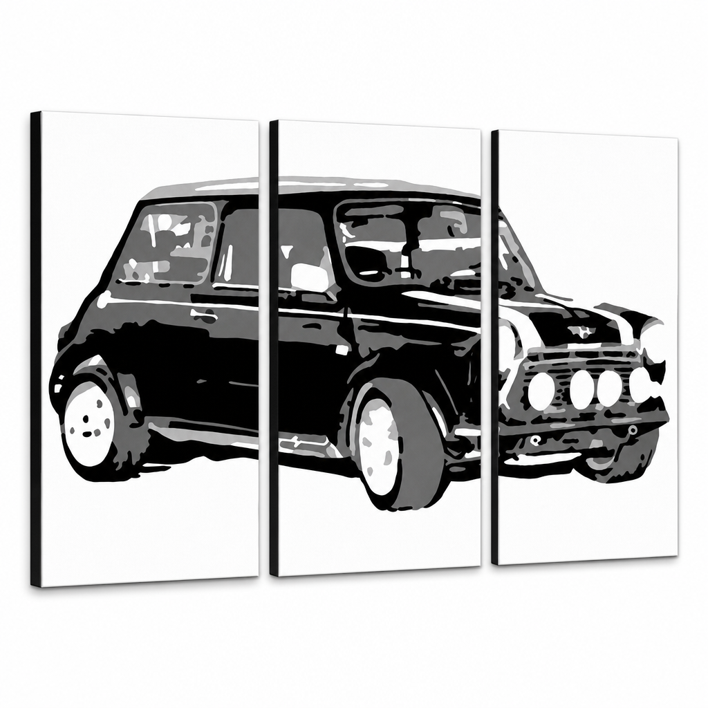 Ročno poslikano slikarstvo POP Art MINI COOPER 3 kosi mini – 3D vizualizacija ročno poslikanega platna na belem ozadju. Prevladujoče barve: črna, bela, siva.