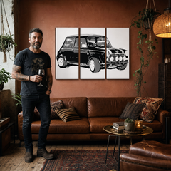 Ročno poslikano slikarstvo POP Art MINI COOPER 3 kosi mini – slika v sodobnem moškem interjerju, lifestyle vizualizacija. Prevladujoče barve: črna, bela, siva.