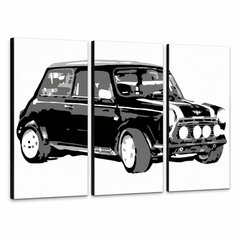 Ročno poslikano slikarstvo POP Art MINI COOPER 3 kosi mini – 3D vizualizacija ročno poslikanega platna na belem ozadju. Prevladujoče barve: črna, bela, siva.